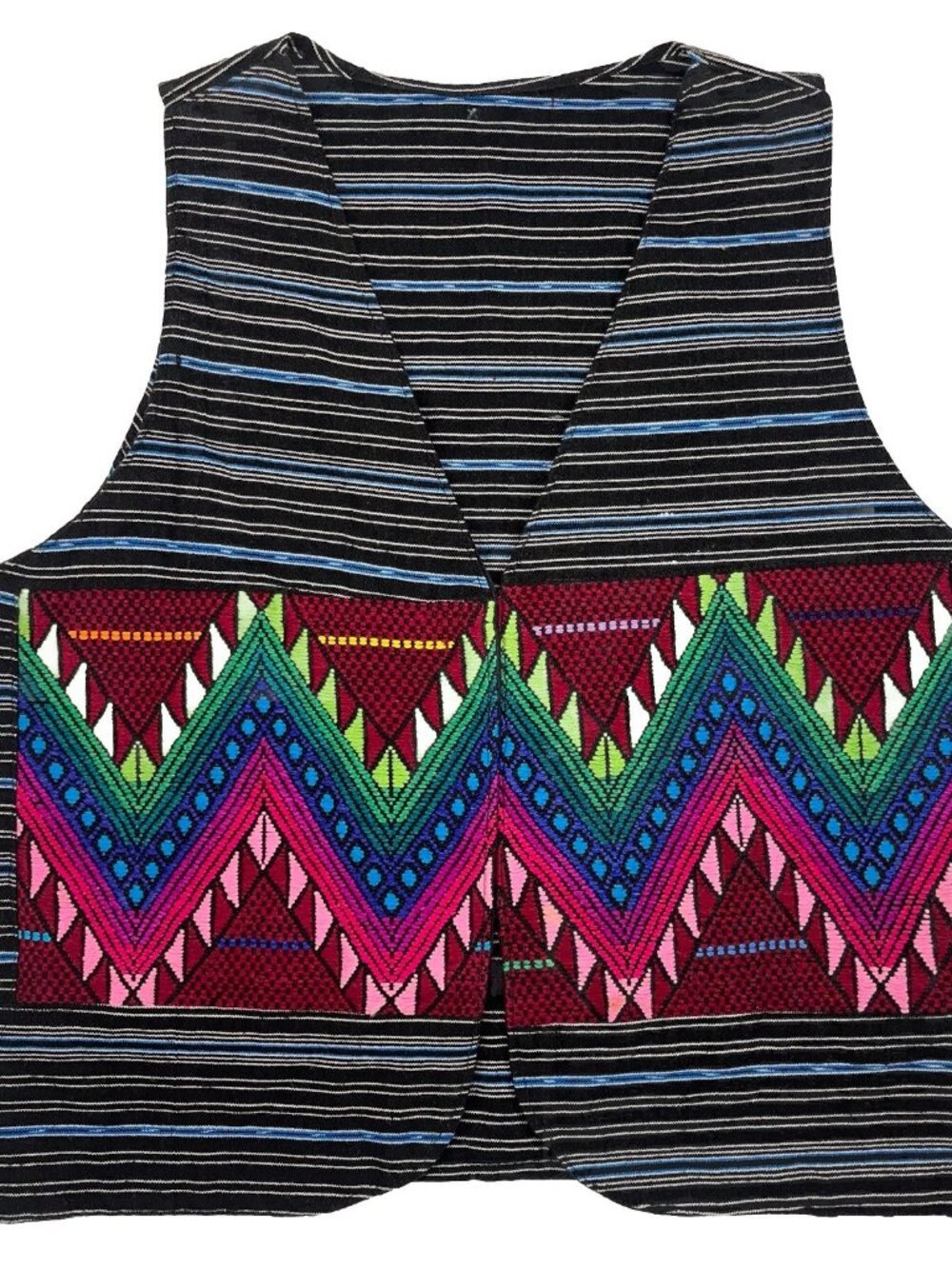 Vintage Hand Crafted Stripe Cotton Vest Chevron Embroidery Unisex Size Medium